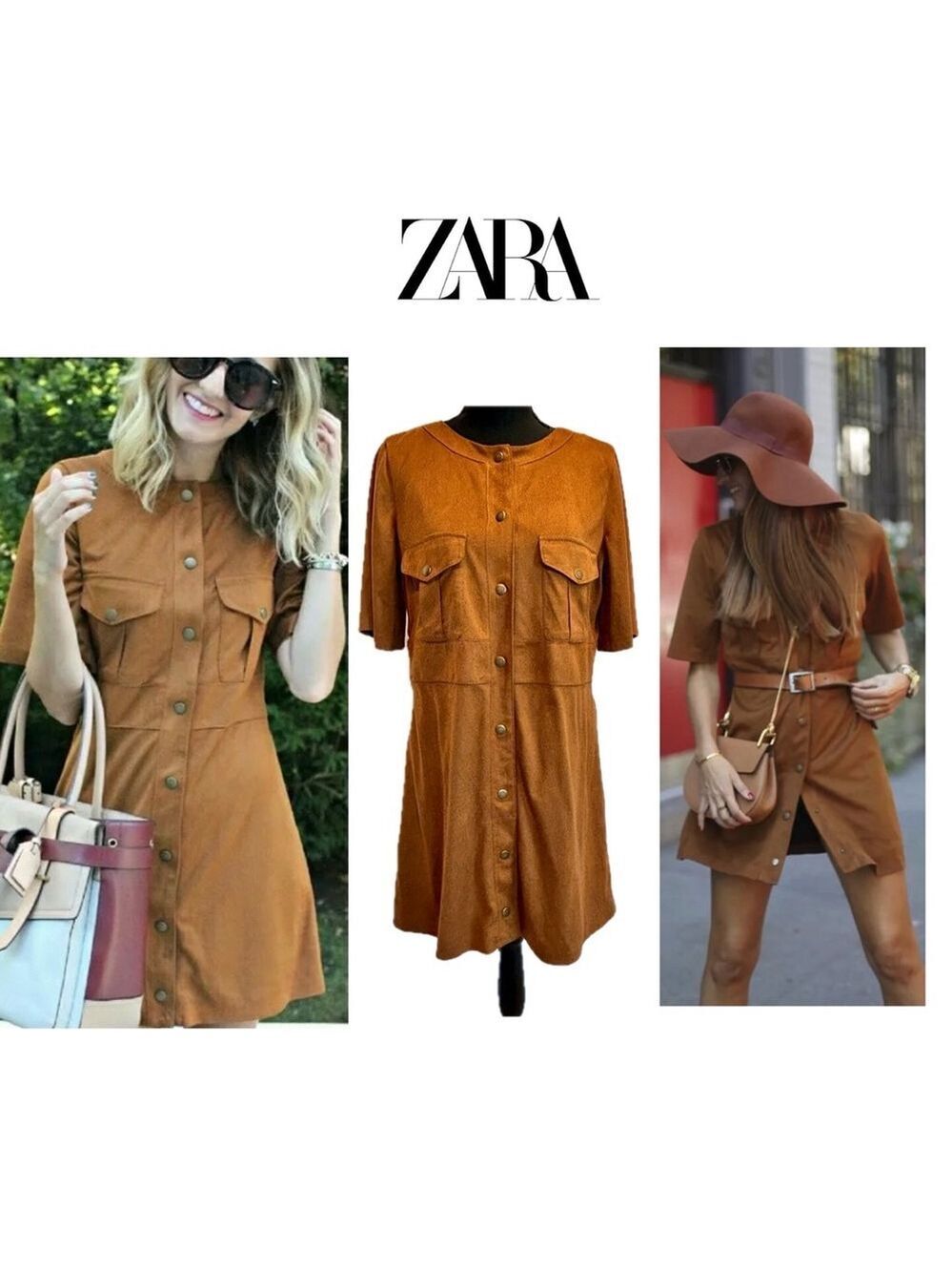 Zara Camel Brown faux suede short sleeve button front mini dress L